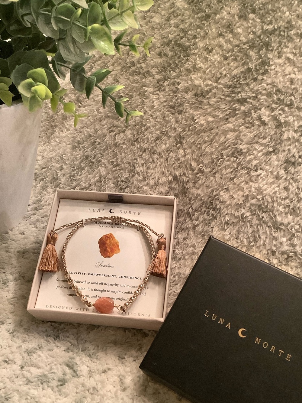Luna Norte 14kt Gold Plated Brass Peach Tassel Sunstone Bracelet NWT 7” adjst